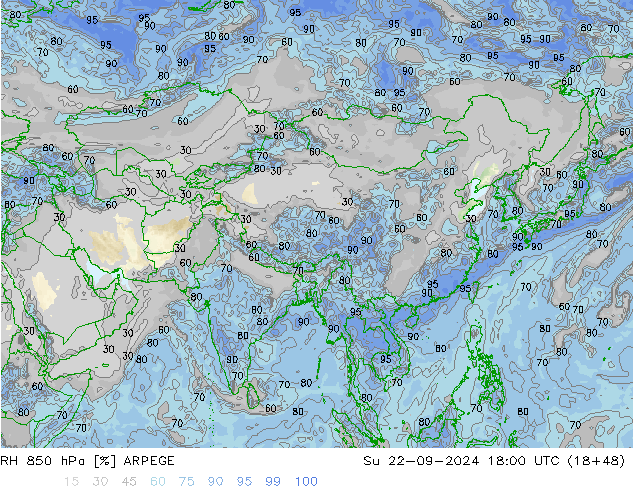 RH 850 hPa ARPEGE Ne 22.09.2024 18 UTC