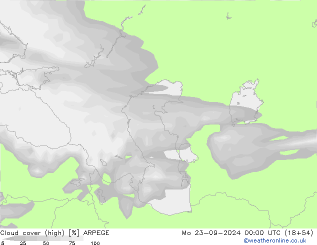 Cloud cover (high) ARPEGE Mo 23.09.2024 00 UTC