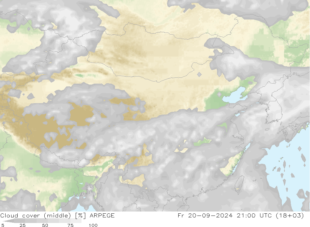 Nuages (moyen) ARPEGE ven 20.09.2024 21 UTC