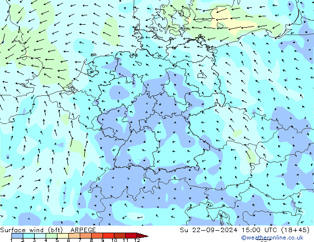 Vento 10 m (bft) ARPEGE Dom 22.09.2024 15 UTC