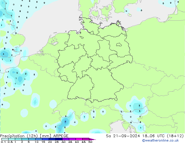 降水量 (12h) ARPEGE 星期六 21.09.2024 06 UTC