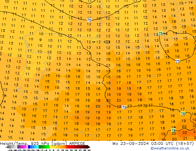 Hoogte/Temp. 925 hPa ARPEGE ma 23.09.2024 03 UTC