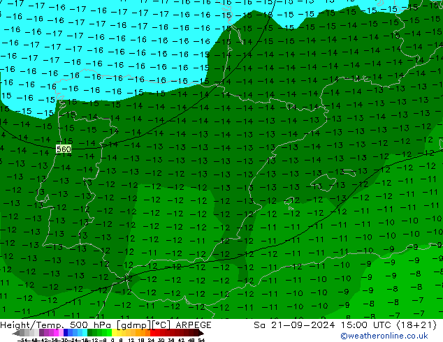 Height/Temp. 500 hPa ARPEGE so. 21.09.2024 15 UTC