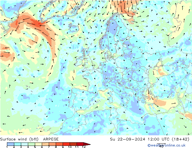 Surface wind (bft) ARPEGE Su 22.09.2024 12 UTC