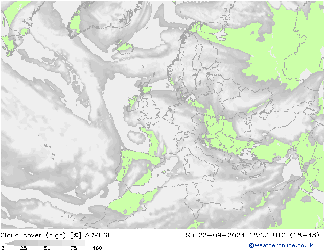 Cloud cover (high) ARPEGE Su 22.09.2024 18 UTC