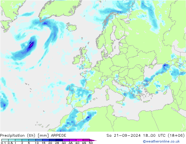 Precipitation (6h) ARPEGE Sa 21.09.2024 00 UTC