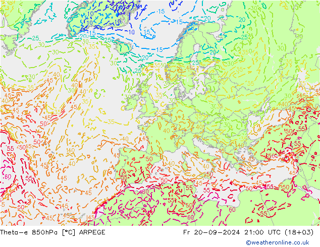 Theta-e 850hPa ARPEGE Fr 20.09.2024 21 UTC