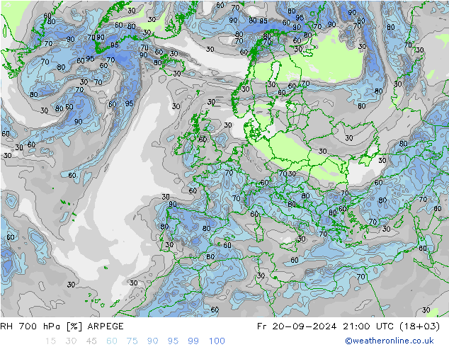 RH 700 hPa ARPEGE Fr 20.09.2024 21 UTC