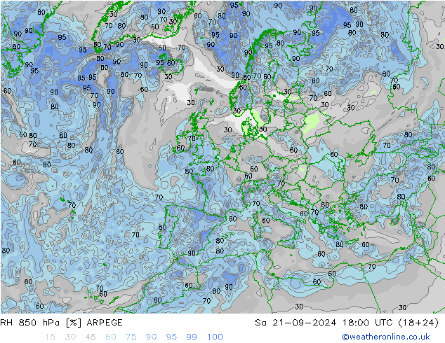 RH 850 hPa ARPEGE sab 21.09.2024 18 UTC