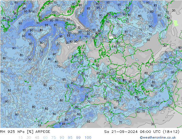 RH 925 hPa ARPEGE sab 21.09.2024 06 UTC