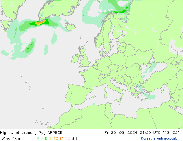 High wind areas ARPEGE пт 20.09.2024 21 UTC