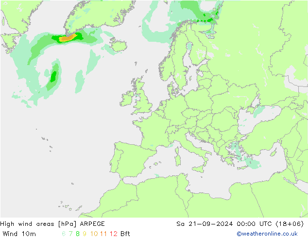 High wind areas ARPEGE sab 21.09.2024 00 UTC