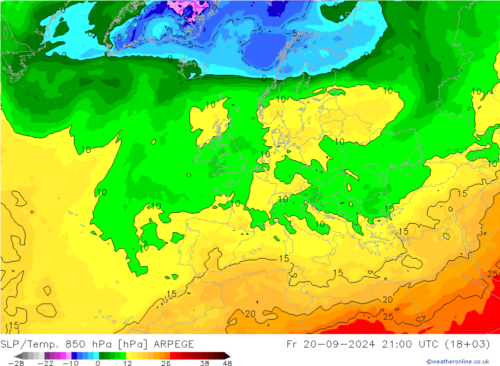 SLP/Temp. 850 hPa ARPEGE ven 20.09.2024 21 UTC