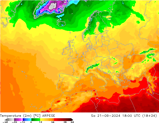 Temperaturkarte (2m) ARPEGE Sa 21.09.2024 18 UTC