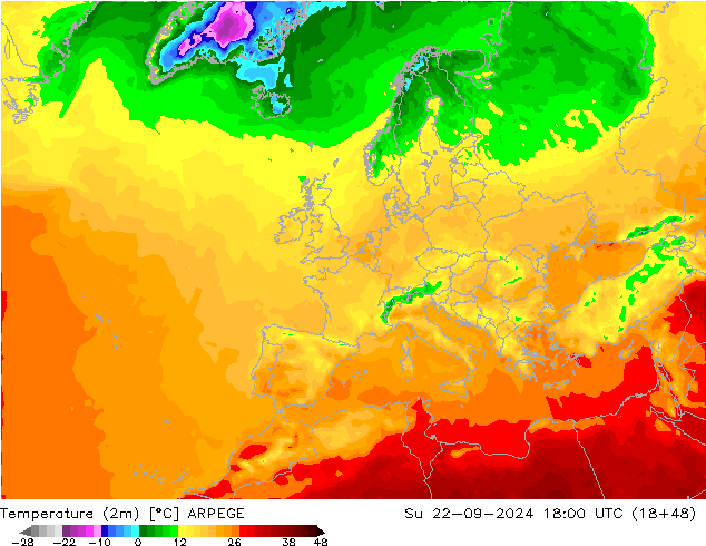 Temperature (2m) ARPEGE Su 22.09.2024 18 UTC