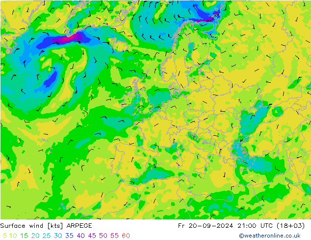 Viento 10 m ARPEGE vie 20.09.2024 21 UTC