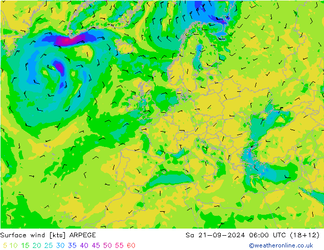 Wind 10 m ARPEGE za 21.09.2024 06 UTC