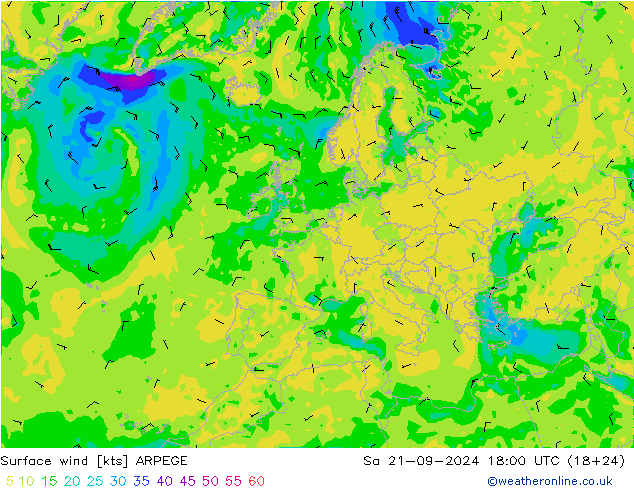 Viento 10 m ARPEGE sáb 21.09.2024 18 UTC