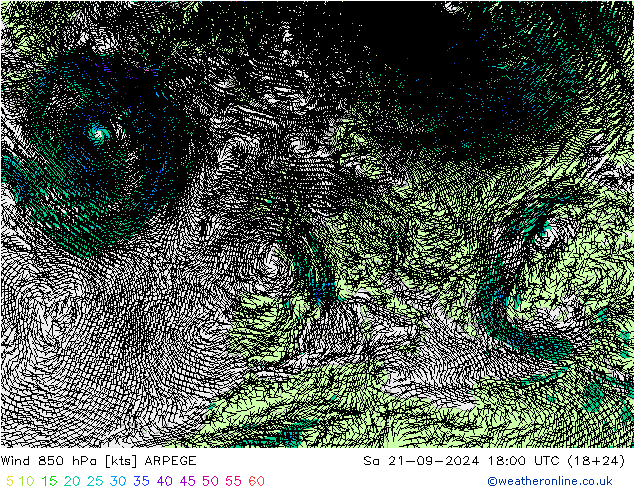 Wind 850 hPa ARPEGE Sa 21.09.2024 18 UTC