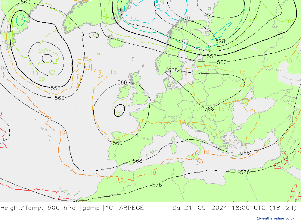 Hoogte/Temp. 500 hPa ARPEGE za 21.09.2024 18 UTC