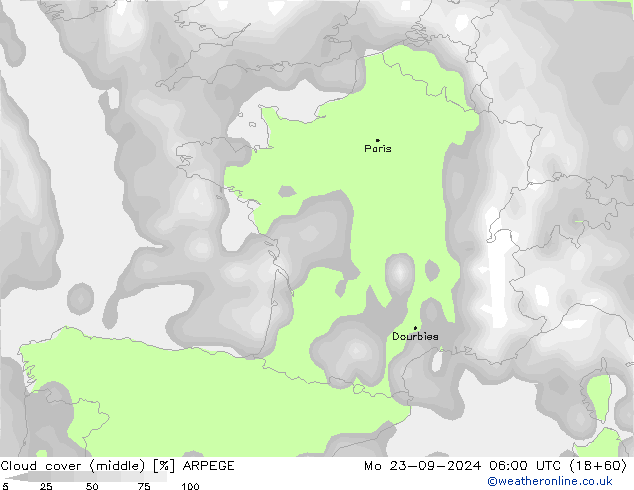 oblačnosti uprostřed ARPEGE Po 23.09.2024 06 UTC