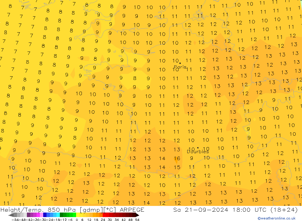 Height/Temp. 850 hPa ARPEGE so. 21.09.2024 18 UTC