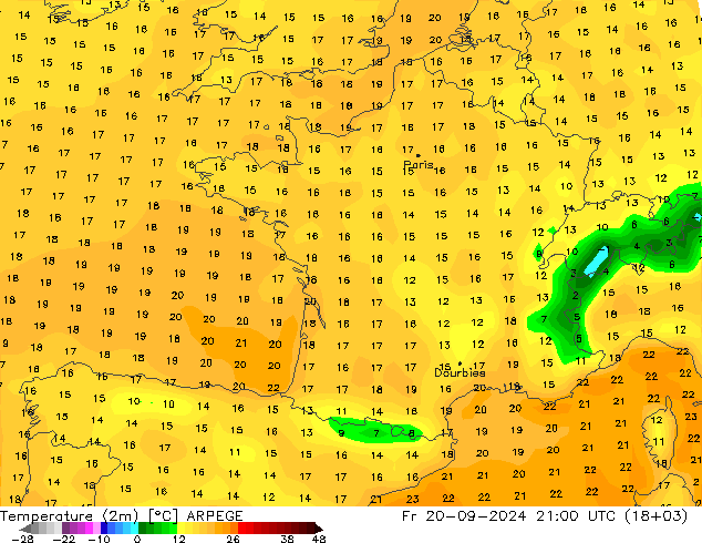 Temperatuurkaart (2m) ARPEGE vr 20.09.2024 21 UTC