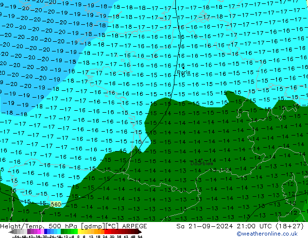 Géop./Temp. 500 hPa ARPEGE sam 21.09.2024 21 UTC