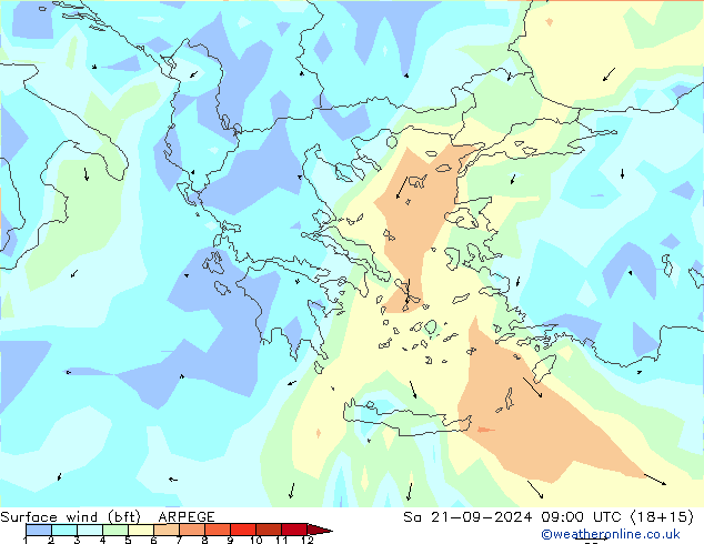 Surface wind (bft) ARPEGE Sa 21.09.2024 09 UTC