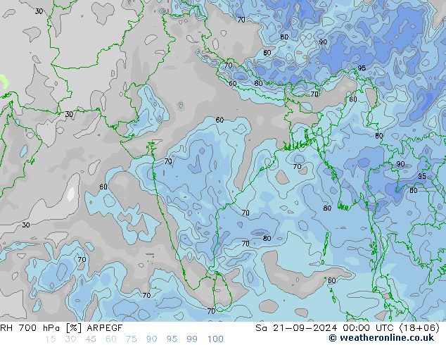 RH 700 hPa ARPEGE so. 21.09.2024 00 UTC