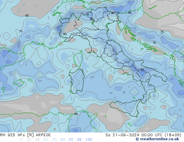 RH 925 hPa ARPEGE Sa 21.09.2024 00 UTC