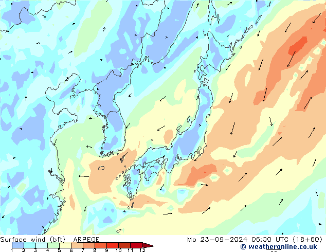 Vento 10 m (bft) ARPEGE Seg 23.09.2024 06 UTC