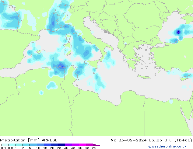 Precipitation ARPEGE Mo 23.09.2024 06 UTC