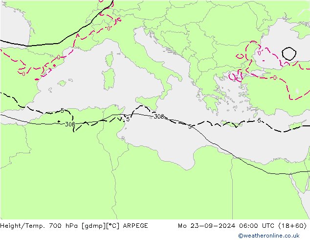 Height/Temp. 700 гПа ARPEGE пн 23.09.2024 06 UTC