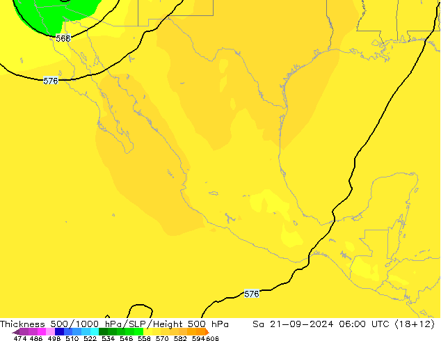 Espesor 500-1000 hPa ARPEGE sáb 21.09.2024 06 UTC