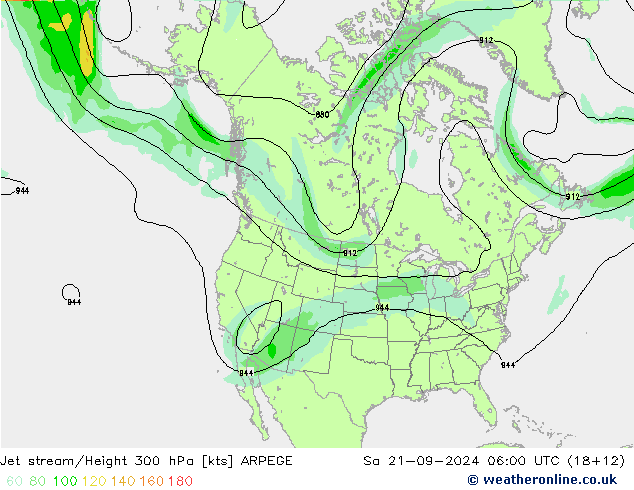 Jet stream/Height 300 hPa ARPEGE Sa 21.09.2024 06 UTC