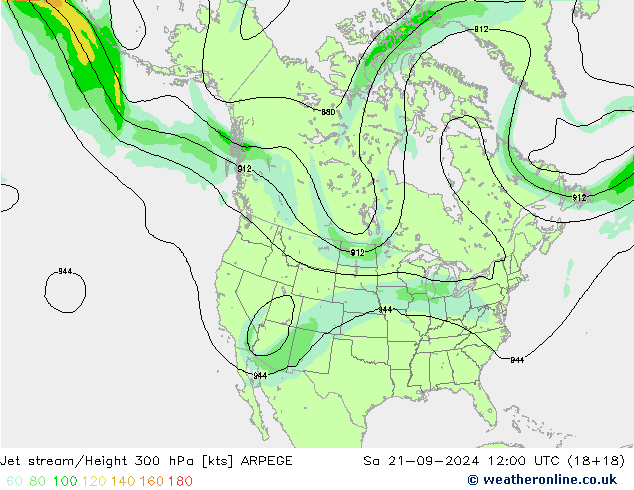 Jet stream/Height 300 hPa ARPEGE Sa 21.09.2024 12 UTC