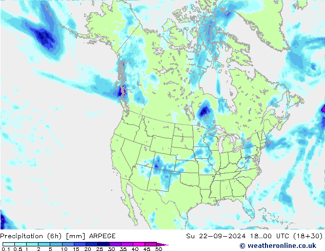 Precipitazione (6h) ARPEGE dom 22.09.2024 00 UTC