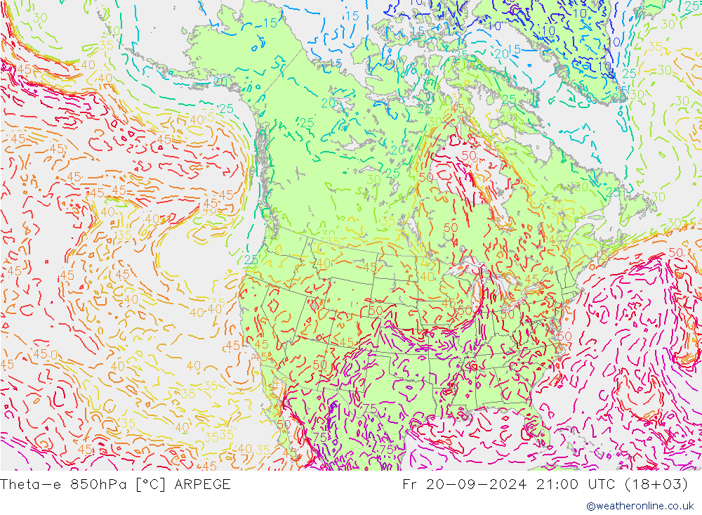 Theta-e 850hPa ARPEGE vie 20.09.2024 21 UTC