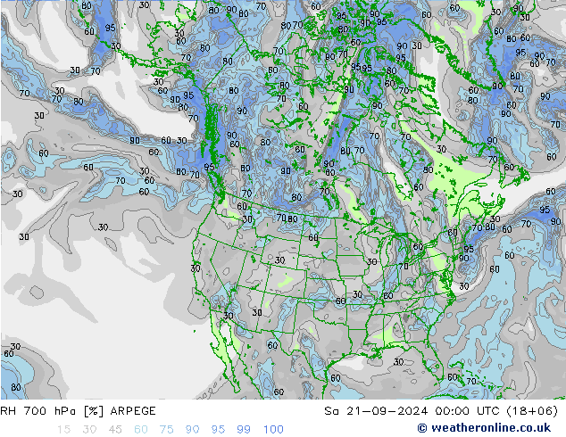 RH 700 hPa ARPEGE Sa 21.09.2024 00 UTC