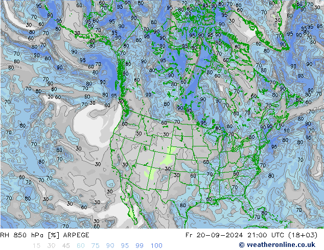 Humedad rel. 850hPa ARPEGE vie 20.09.2024 21 UTC