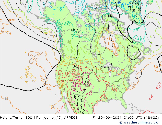 Height/Temp. 850 hPa ARPEGE Fr 20.09.2024 21 UTC