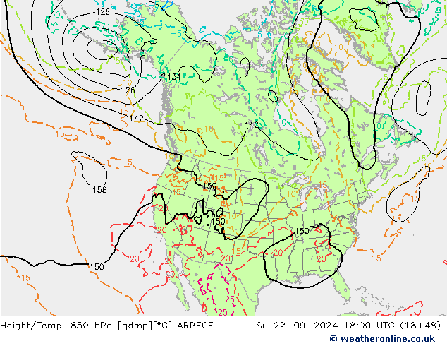 Hoogte/Temp. 850 hPa ARPEGE zo 22.09.2024 18 UTC