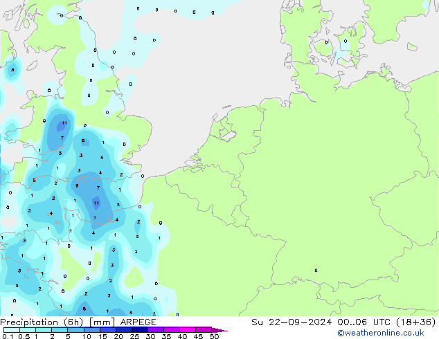 Precipitation (6h) ARPEGE Su 22.09.2024 06 UTC