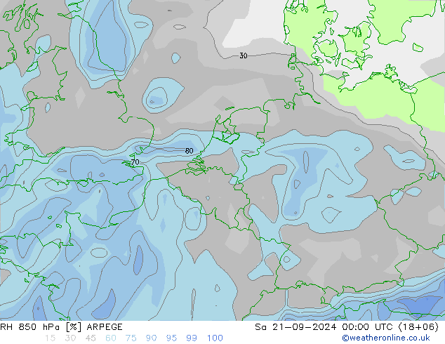 RH 850 hPa ARPEGE sab 21.09.2024 00 UTC