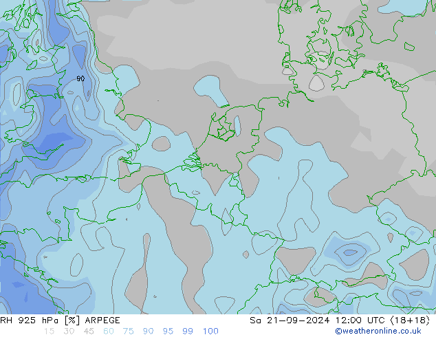 RH 925 hPa ARPEGE Sa 21.09.2024 12 UTC