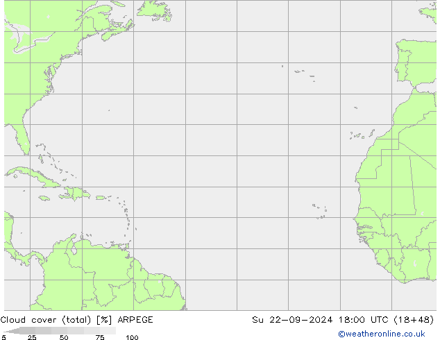 Cloud cover (total) ARPEGE Ne 22.09.2024 18 UTC