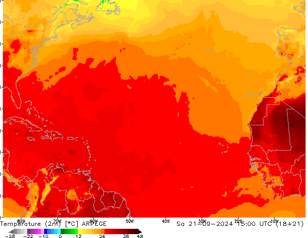 mapa temperatury (2m) ARPEGE so. 21.09.2024 15 UTC