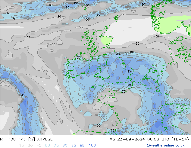 RH 700 hPa ARPEGE Mo 23.09.2024 00 UTC