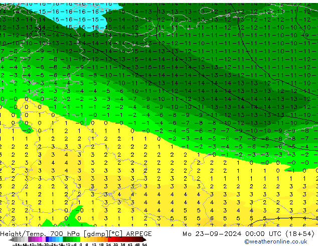 Height/Temp. 700 hPa ARPEGE Mo 23.09.2024 00 UTC